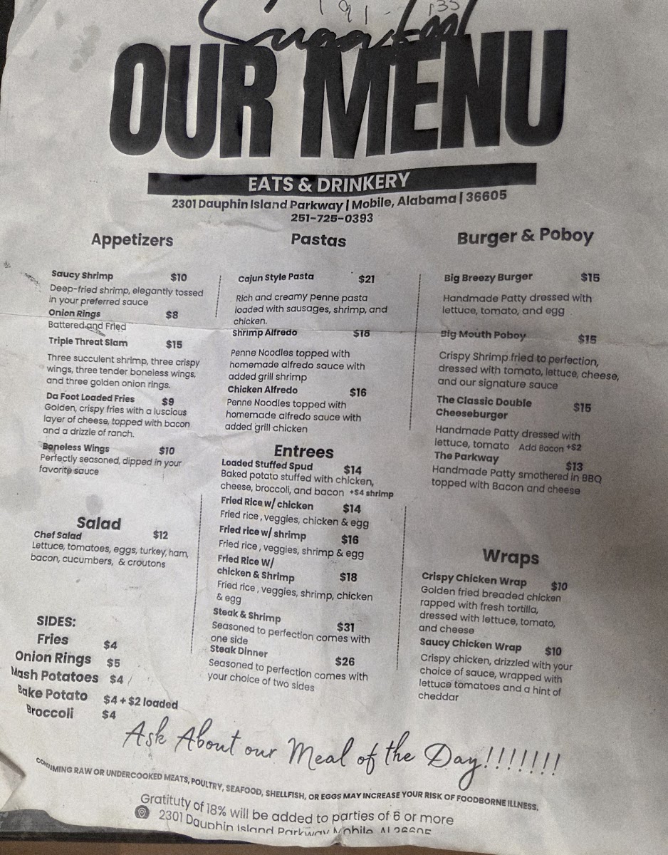 Sugafoot Southern Cuisine menu board