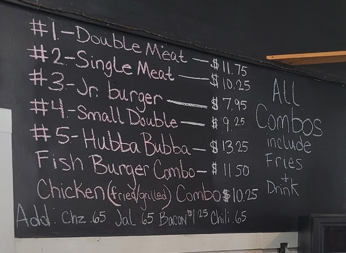 Bubba's Burgers menu board