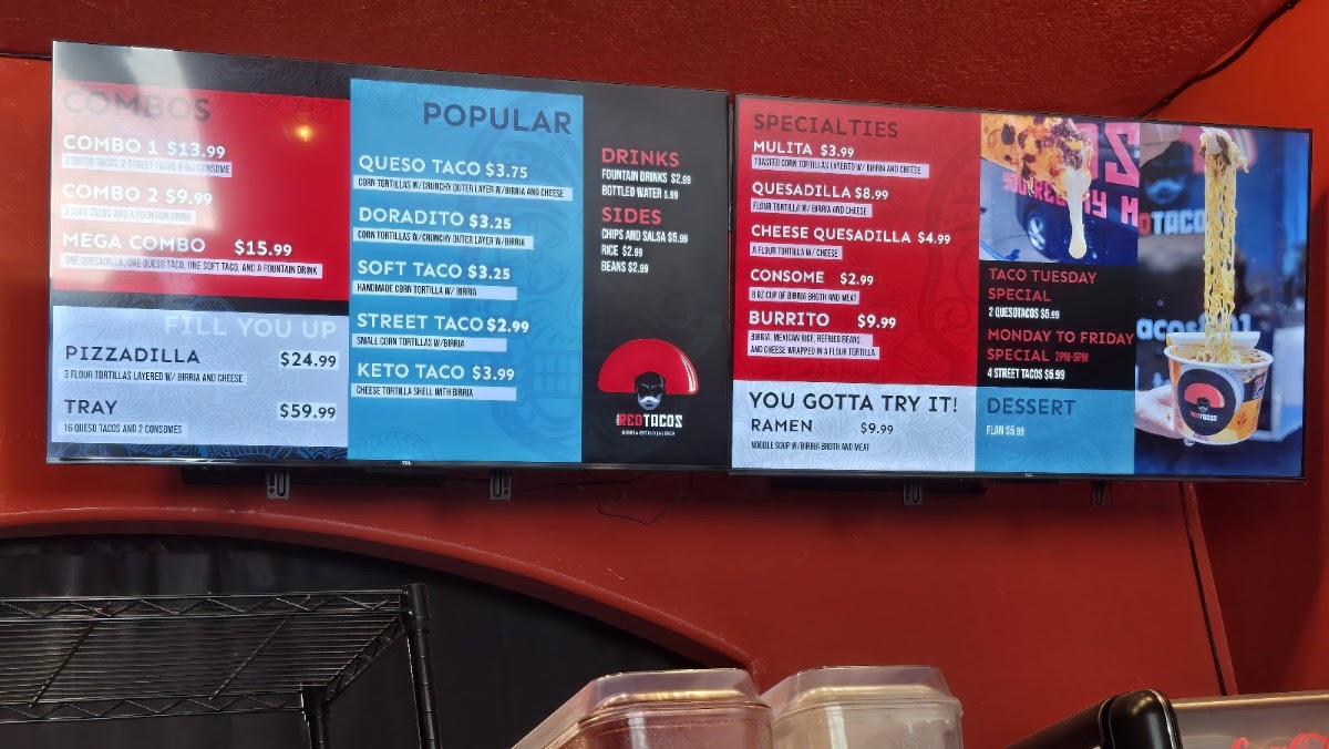 Red Tacos menu board
