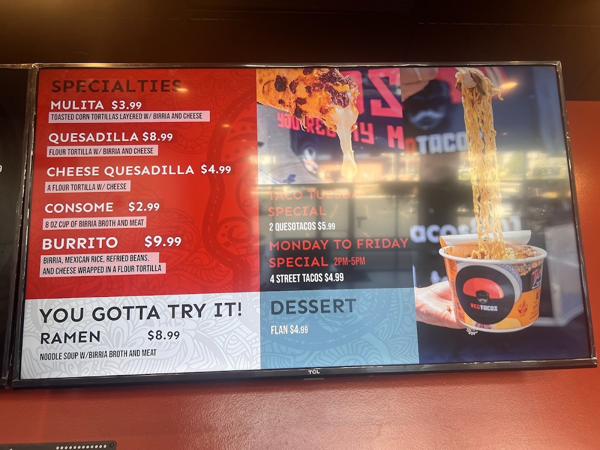 Red Tacos menu board