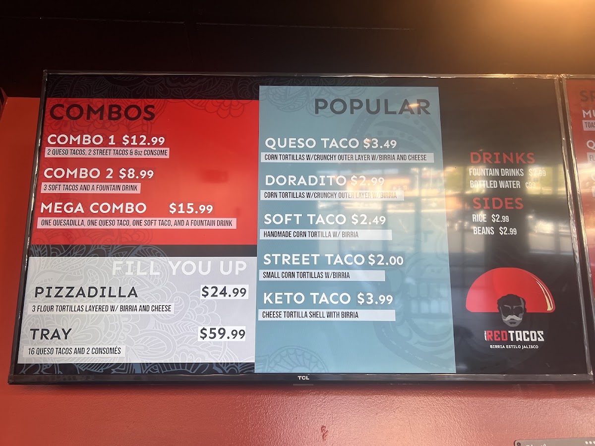 Red Tacos menu board