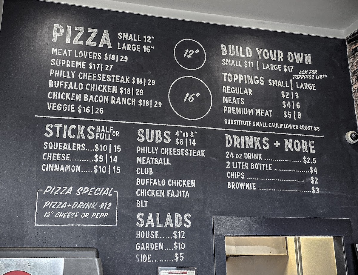 Crawford Pizza menu board