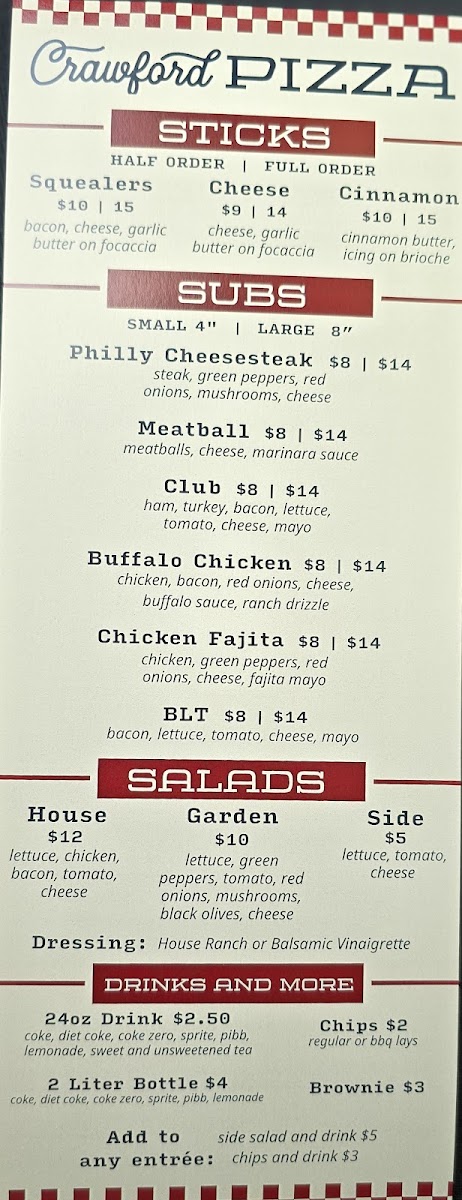 Crawford Pizza menu board