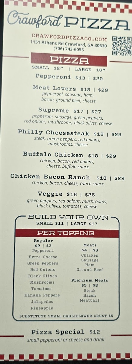 Crawford Pizza menu board