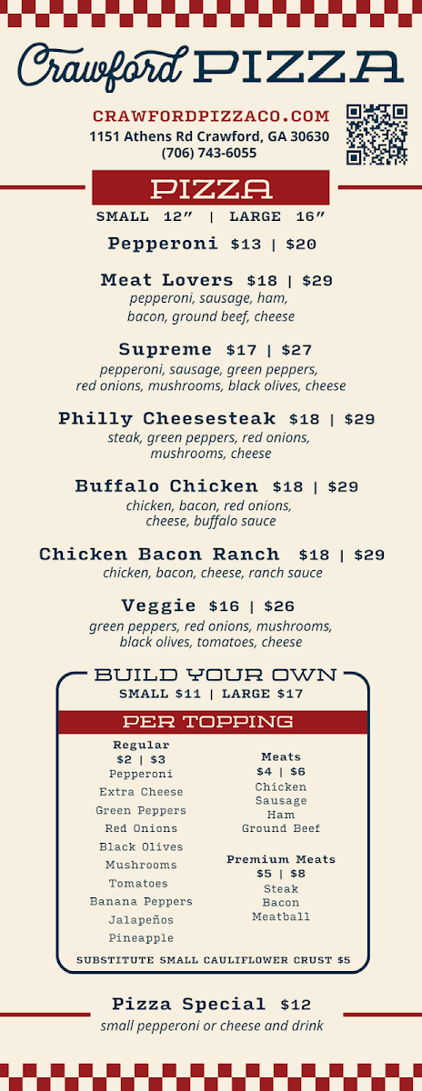 Crawford Pizza menu board