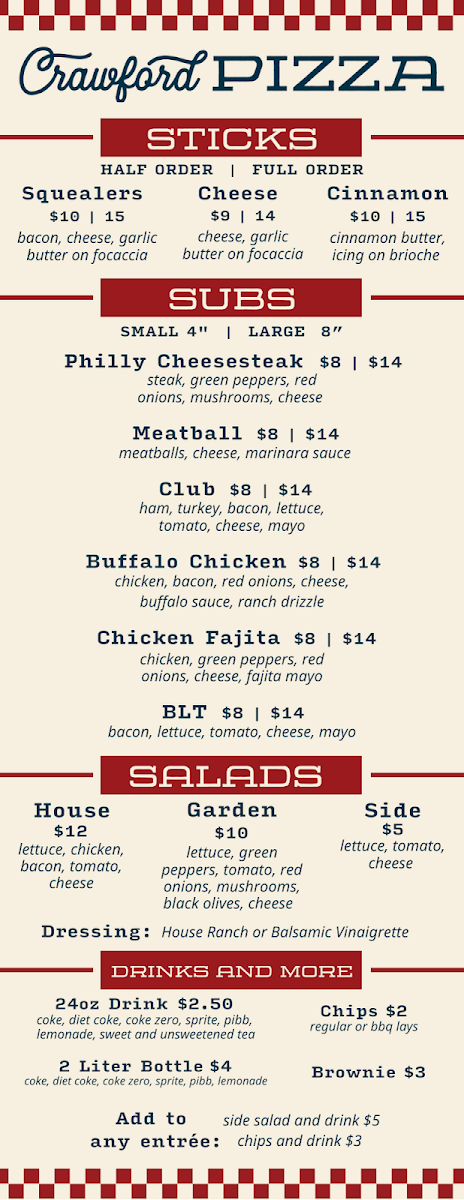 Crawford Pizza menu board