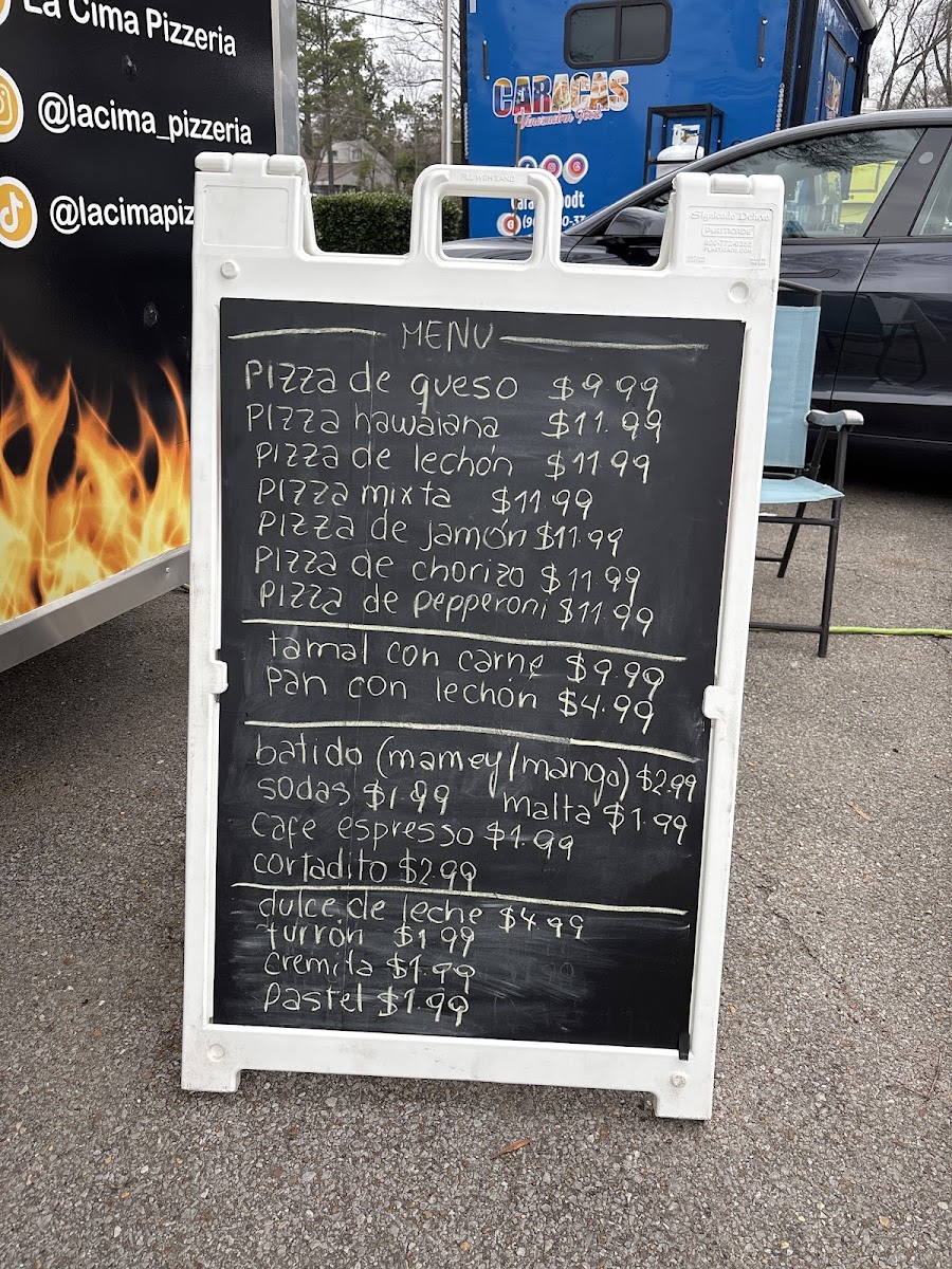 La Cima Pizzeria - Cuban Food menu board