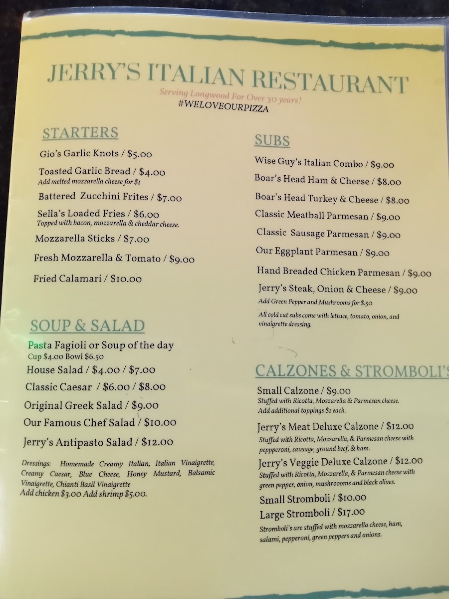 Jerry's Pizza & Italian Restaurant menu board