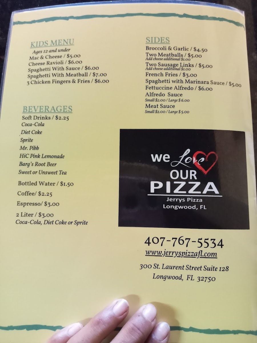 Jerry's Pizza & Italian Restaurant menu board