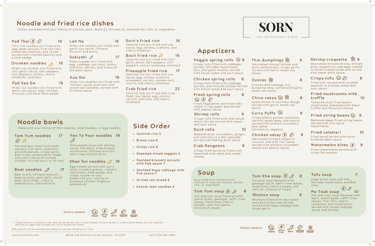 Sorn Thai Restaurant & Bar menu board