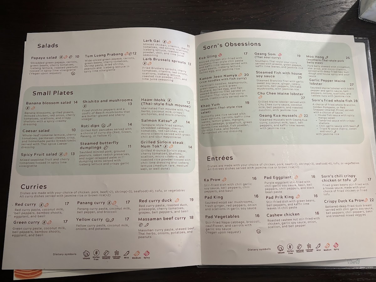 Sorn Thai Restaurant & Bar menu board