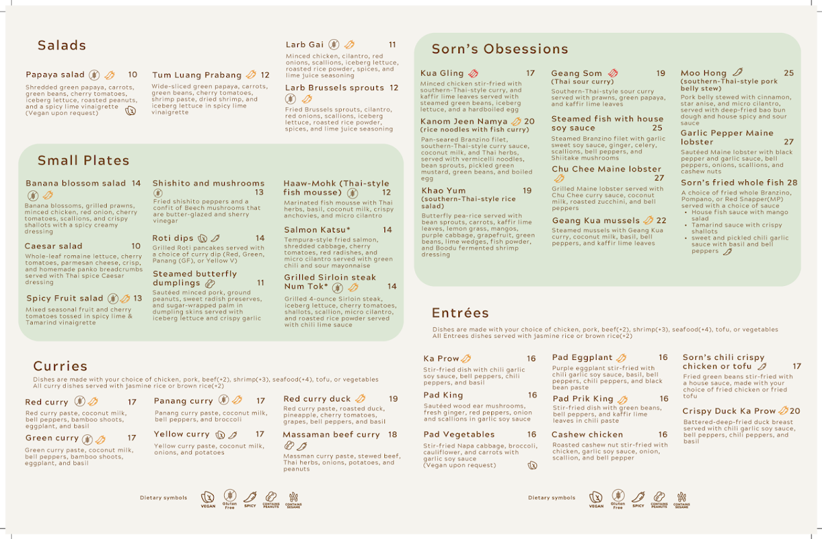 Sorn Thai Restaurant & Bar menu board