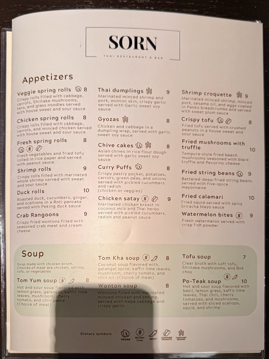 Sorn Thai Restaurant & Bar menu board