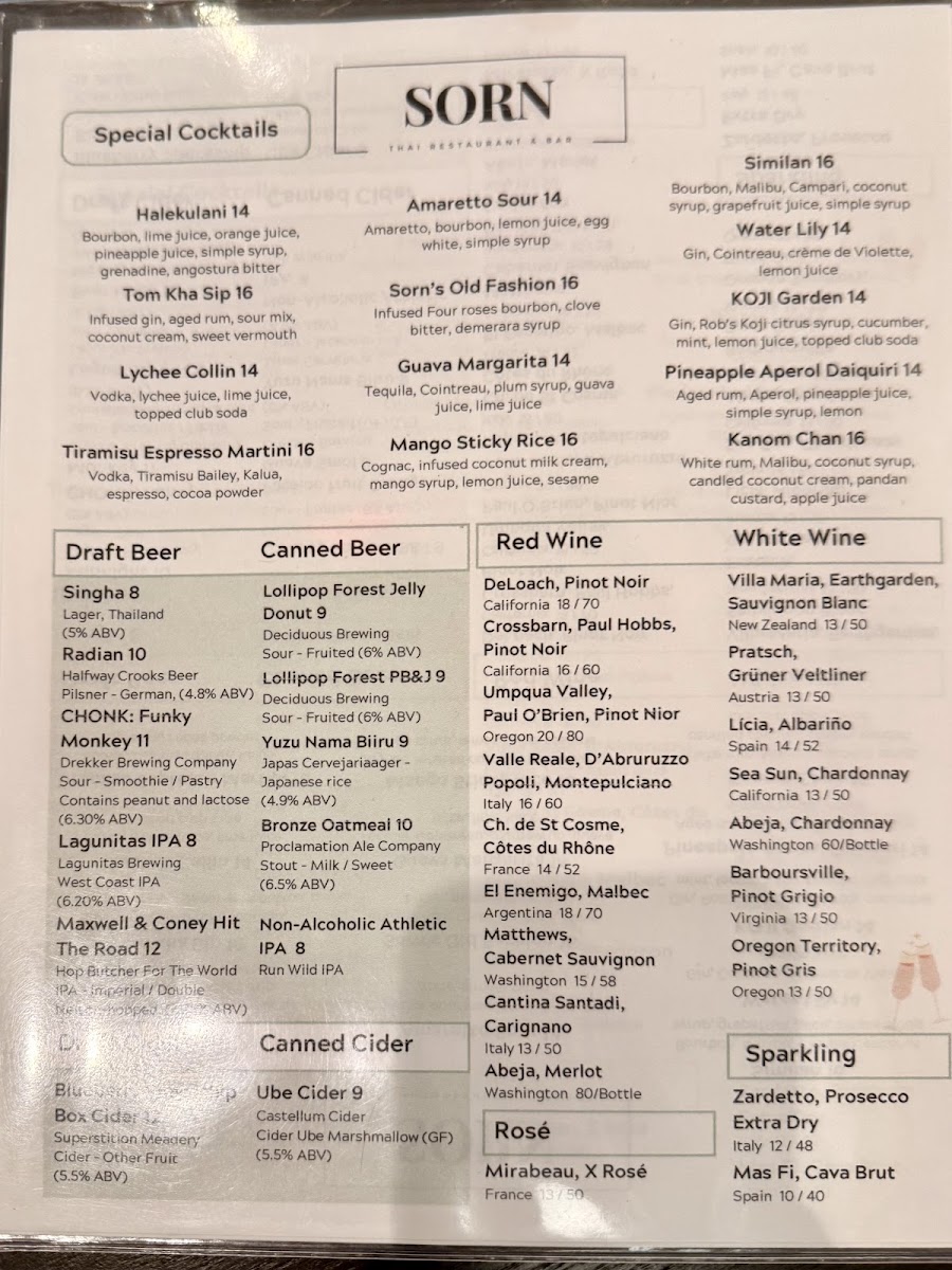 Sorn Thai Restaurant & Bar menu board