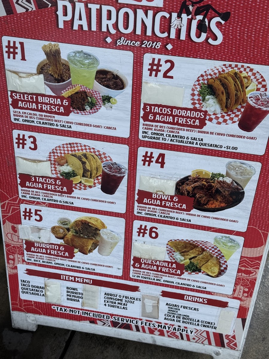 Birrieria Los Patroncitos menu board