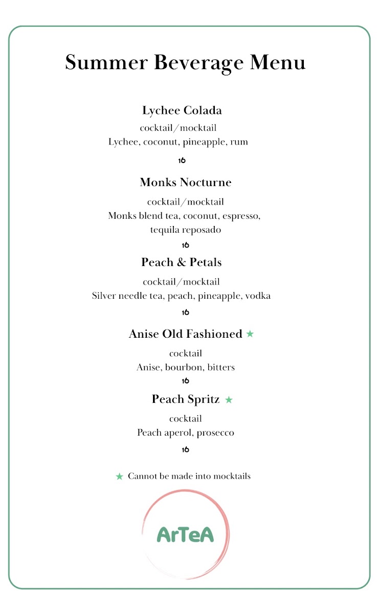 ArTeA Restaurant + Bar menu board
