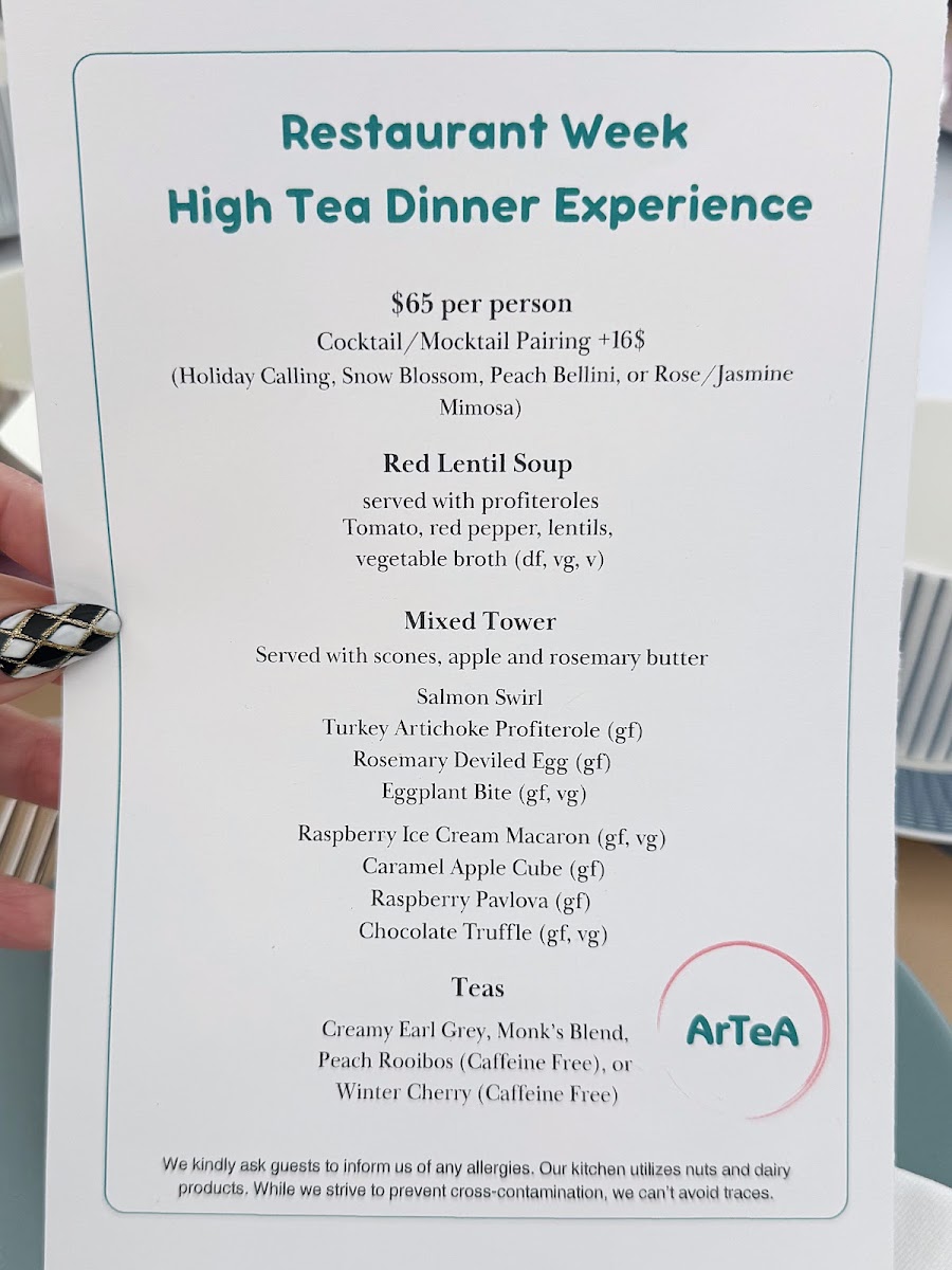 ArTeA Restaurant + Bar menu board