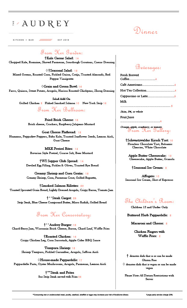 The Audrey Kitchen + Bar menu board