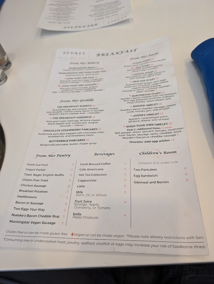 The Audrey Kitchen + Bar menu board