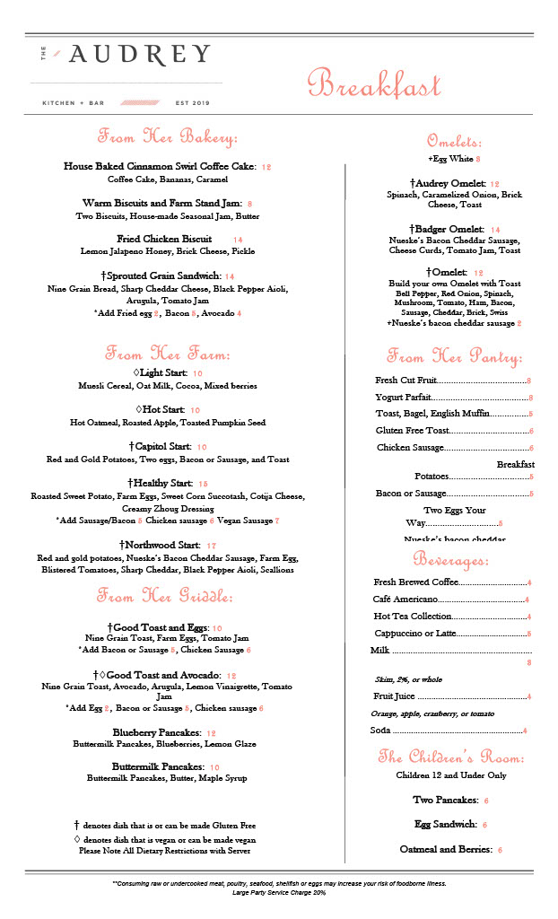 The Audrey Kitchen + Bar menu board