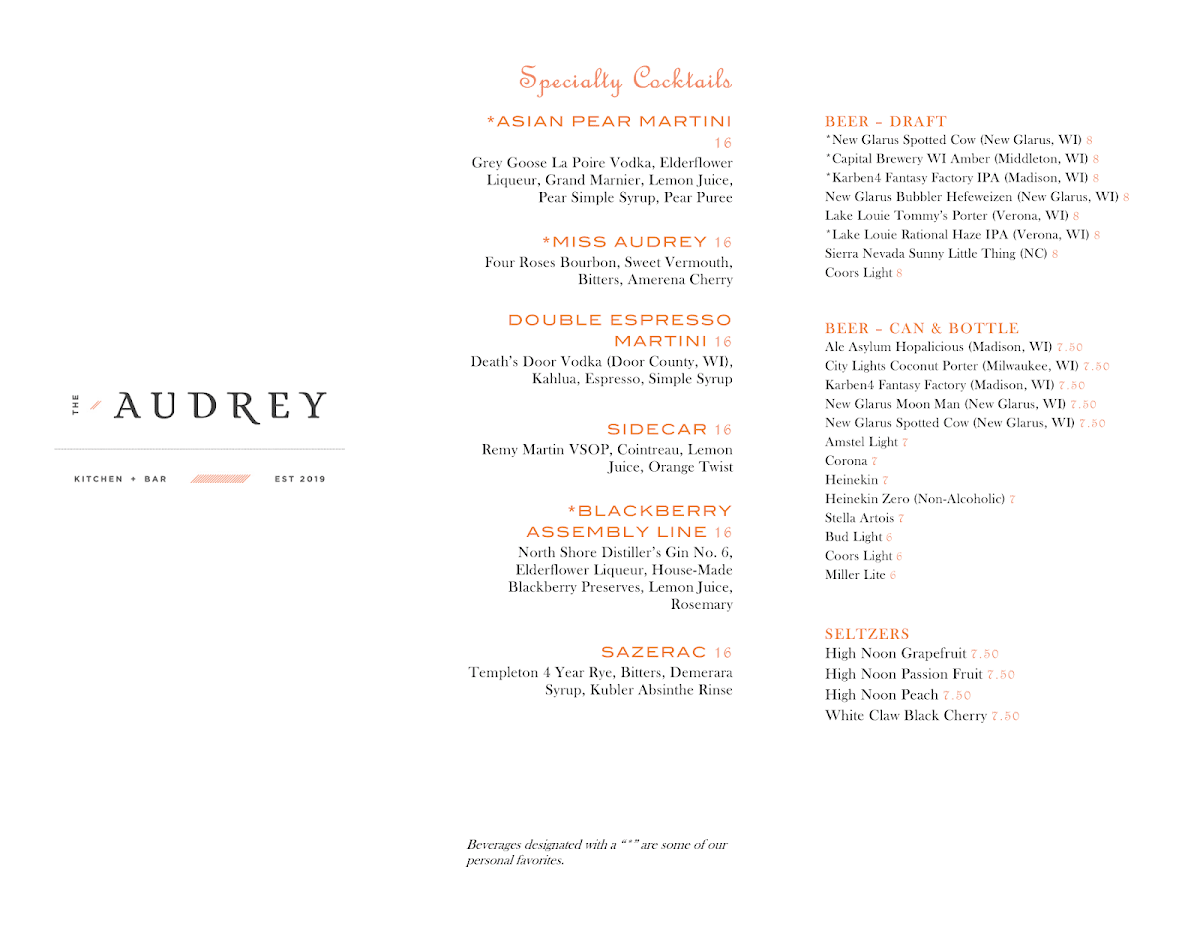 The Audrey Kitchen + Bar menu board