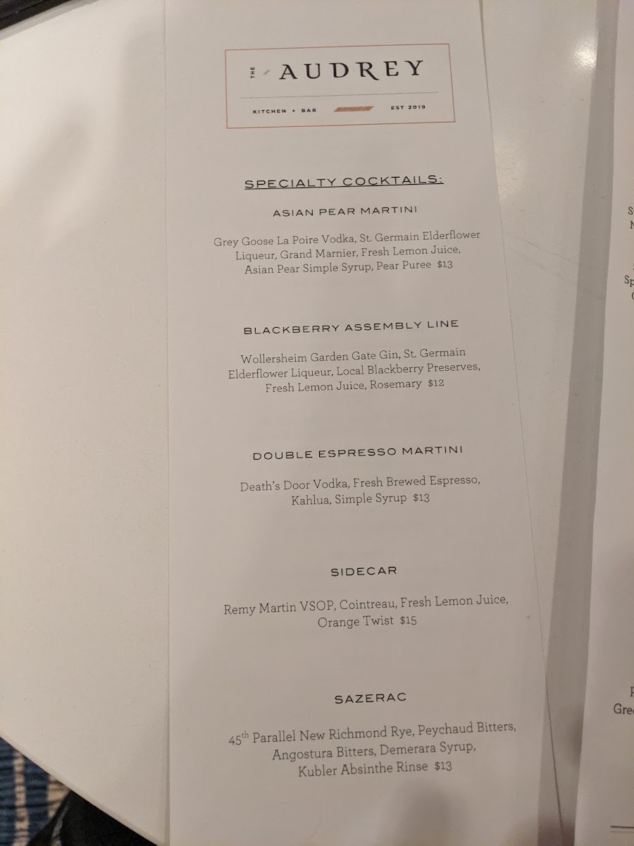 The Audrey Kitchen + Bar menu board