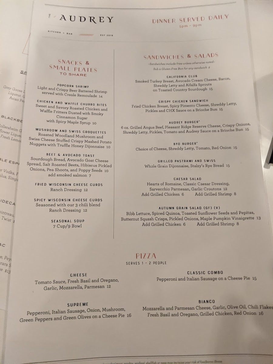 The Audrey Kitchen + Bar menu board
