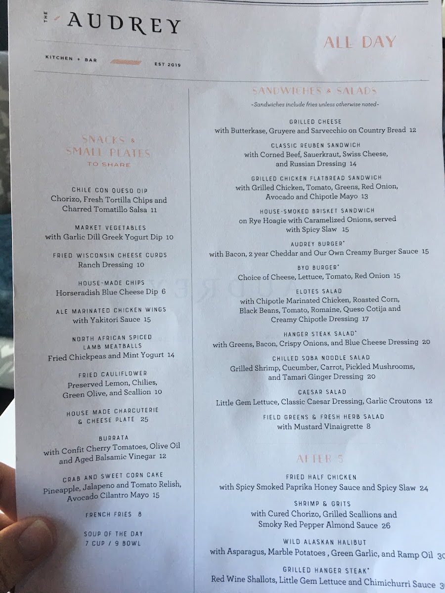 The Audrey Kitchen + Bar menu board