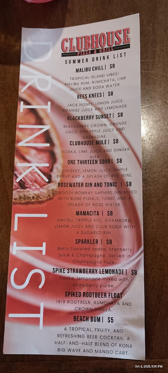 Clubhouse menu board