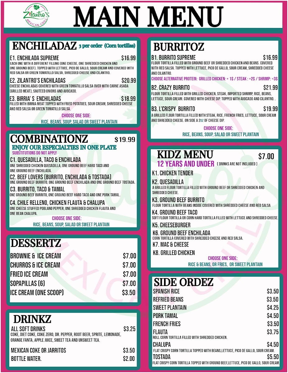 Zilantro´s Mexican Grill menu board