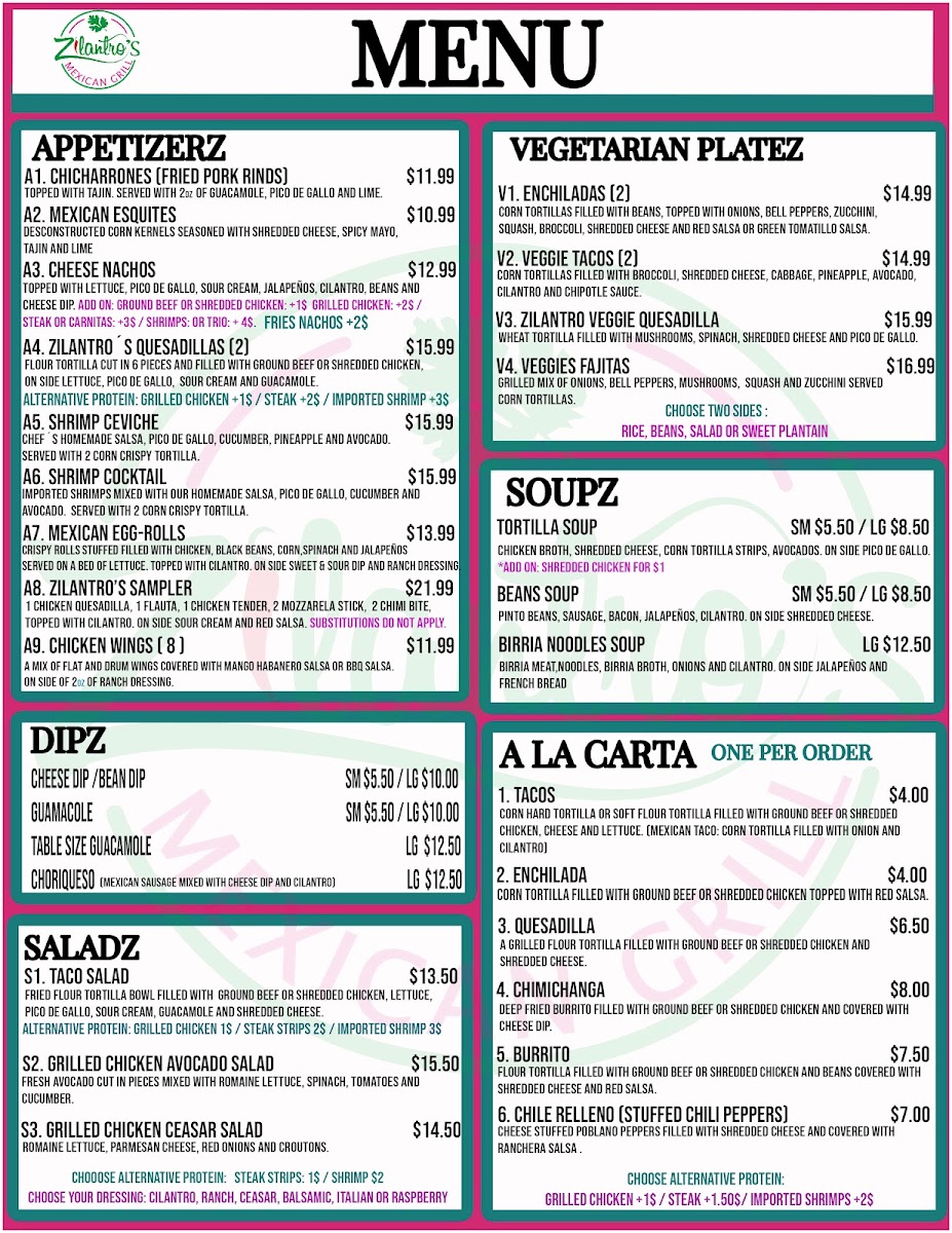Zilantro´s Mexican Grill menu board