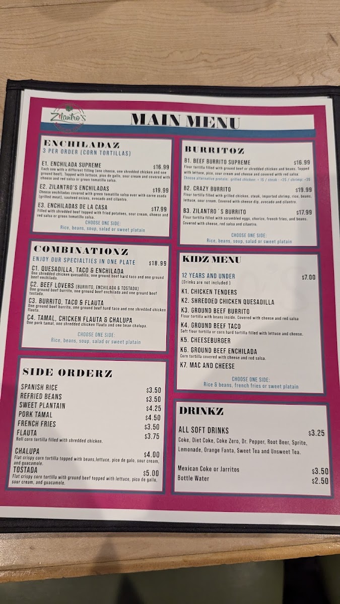 Zilantro´s Mexican Grill menu board