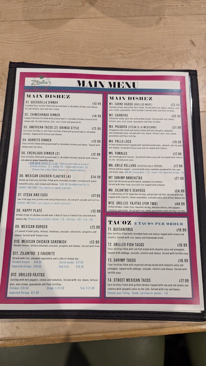 Zilantro´s Mexican Grill menu board