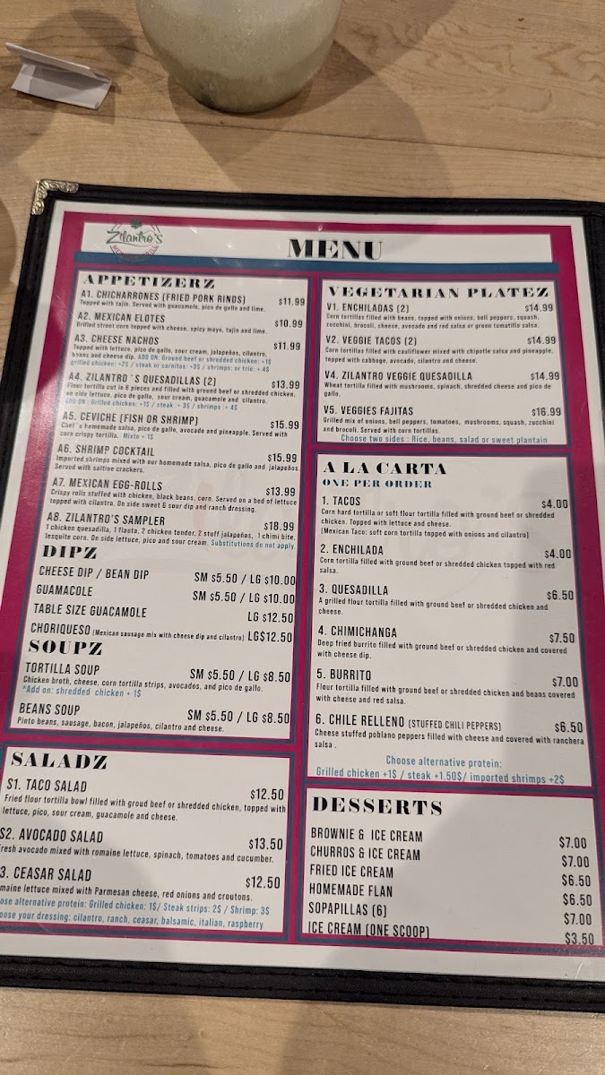 Zilantro´s Mexican Grill menu board