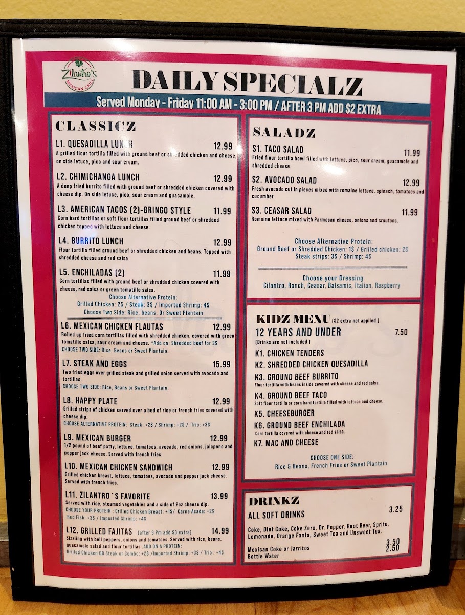 Zilantro´s Mexican Grill menu board