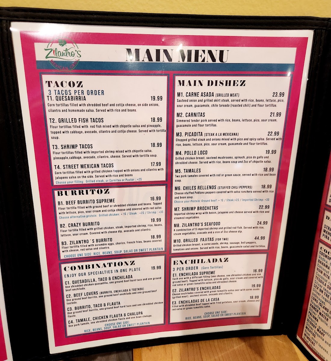 Zilantro´s Mexican Grill menu board