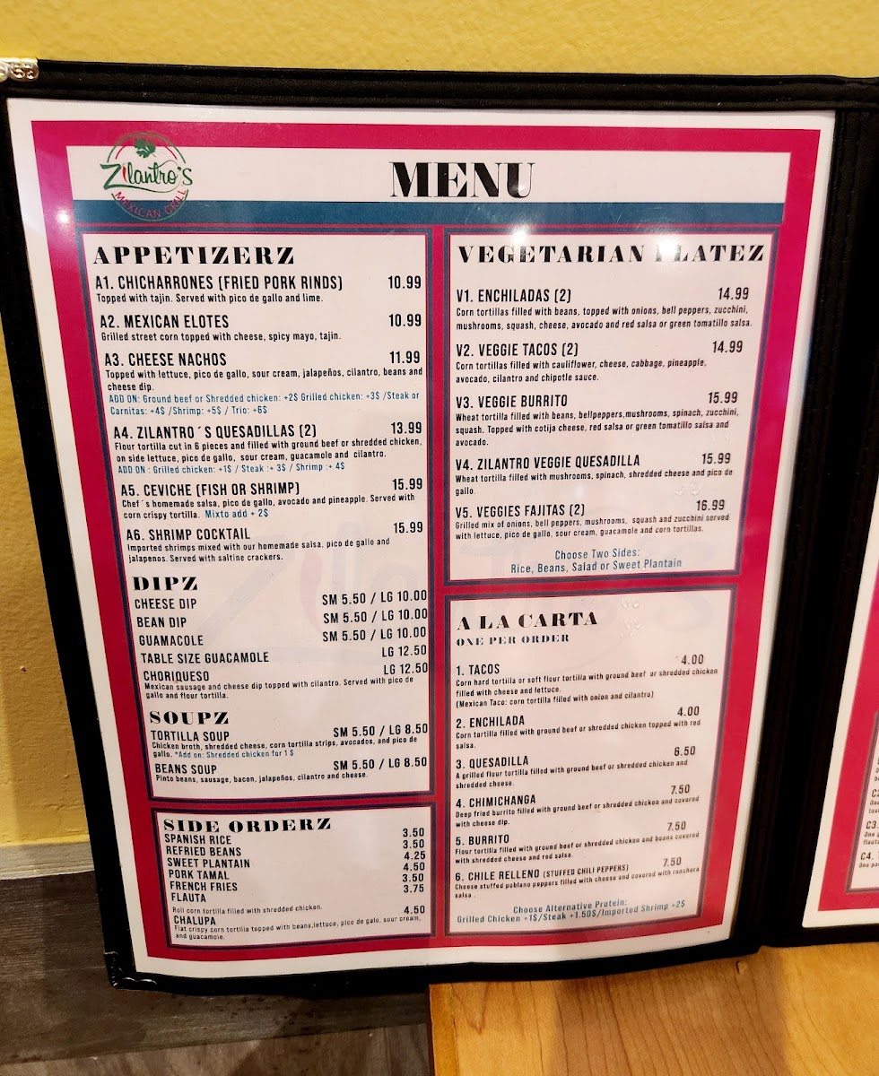 Zilantro´s Mexican Grill menu board