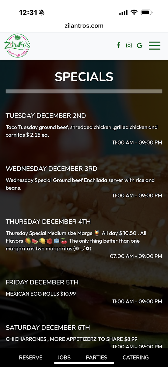 Zilantro´s Mexican Grill menu board