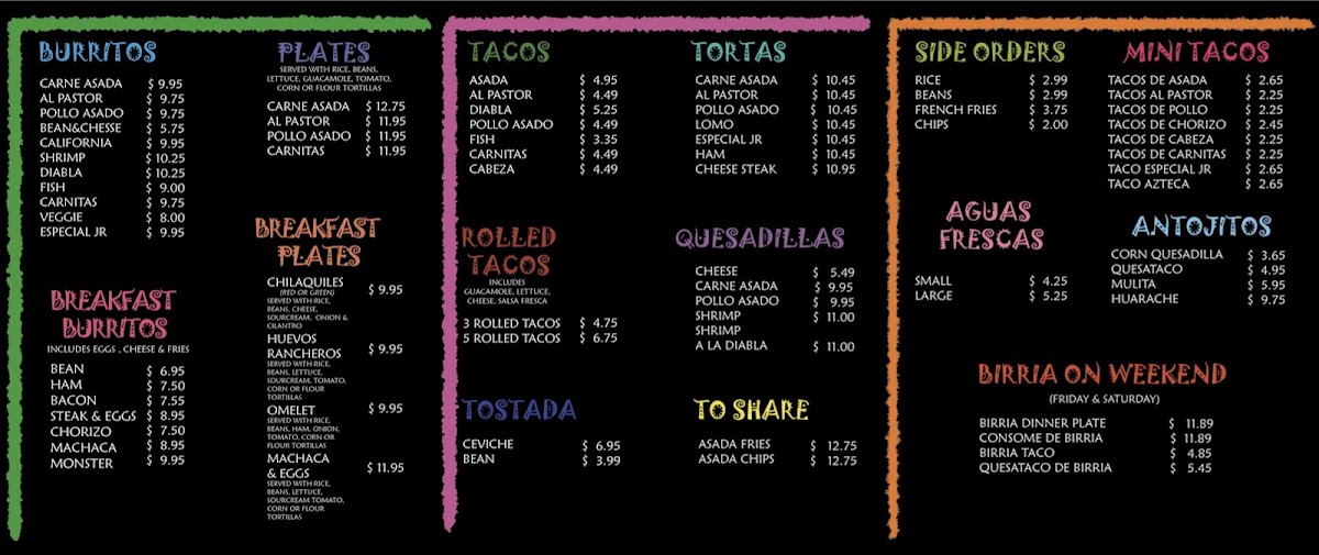 Taqueria El Kabron Jr. menu board
