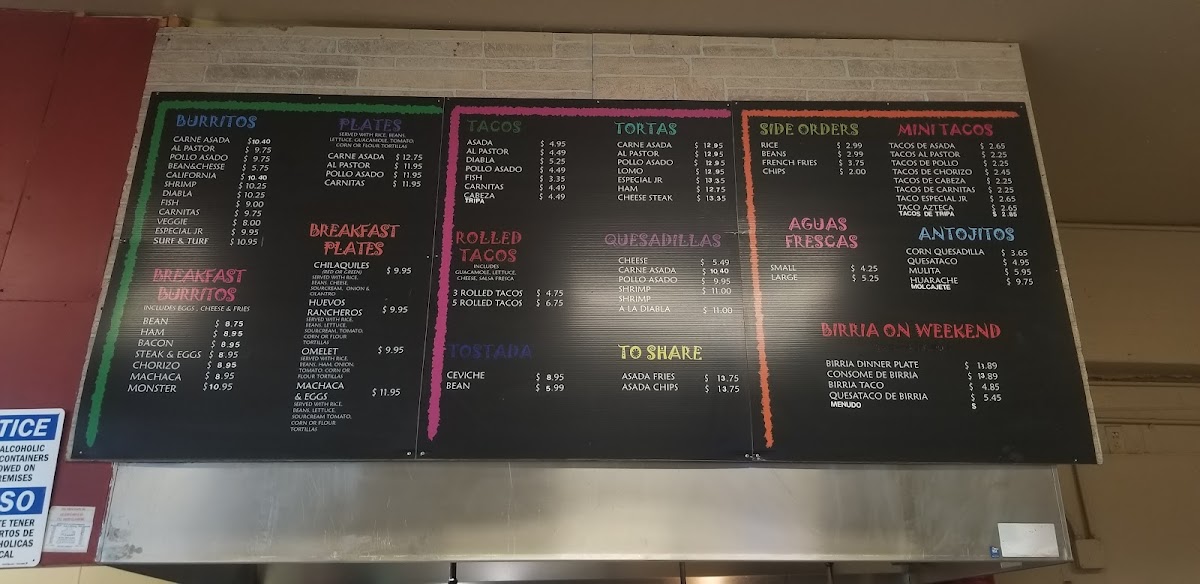 Taqueria El Kabron Jr. menu board