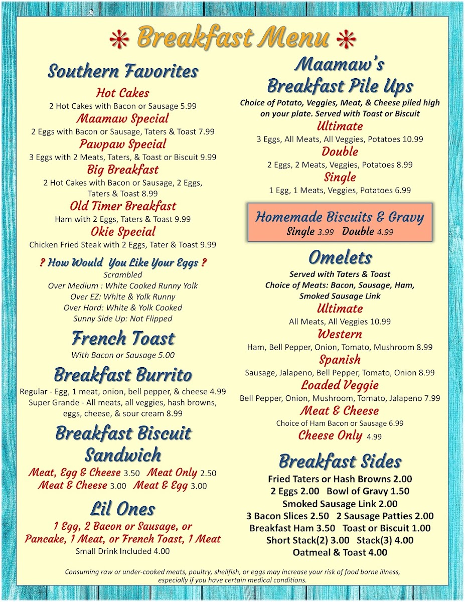 Maamaw B's Kitchen menu board