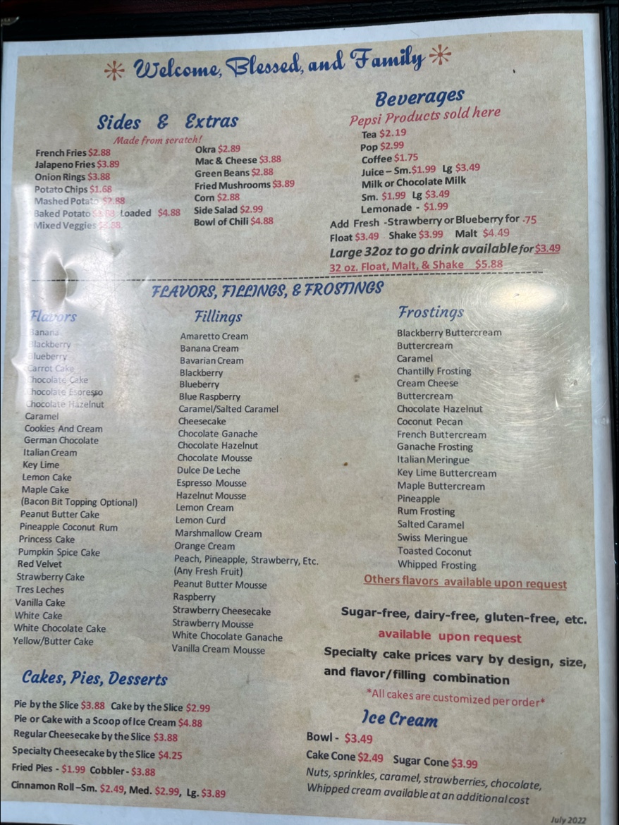 Maamaw B's Kitchen menu board