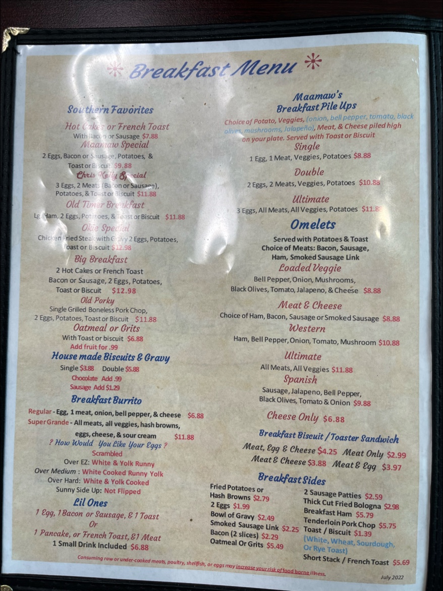 Maamaw B's Kitchen menu board