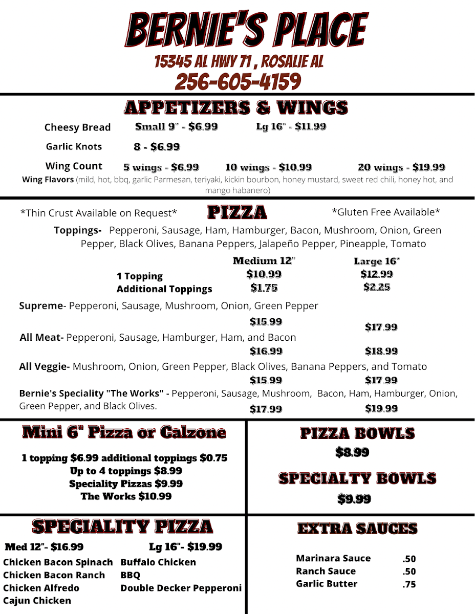 Bernie's Place menu board
