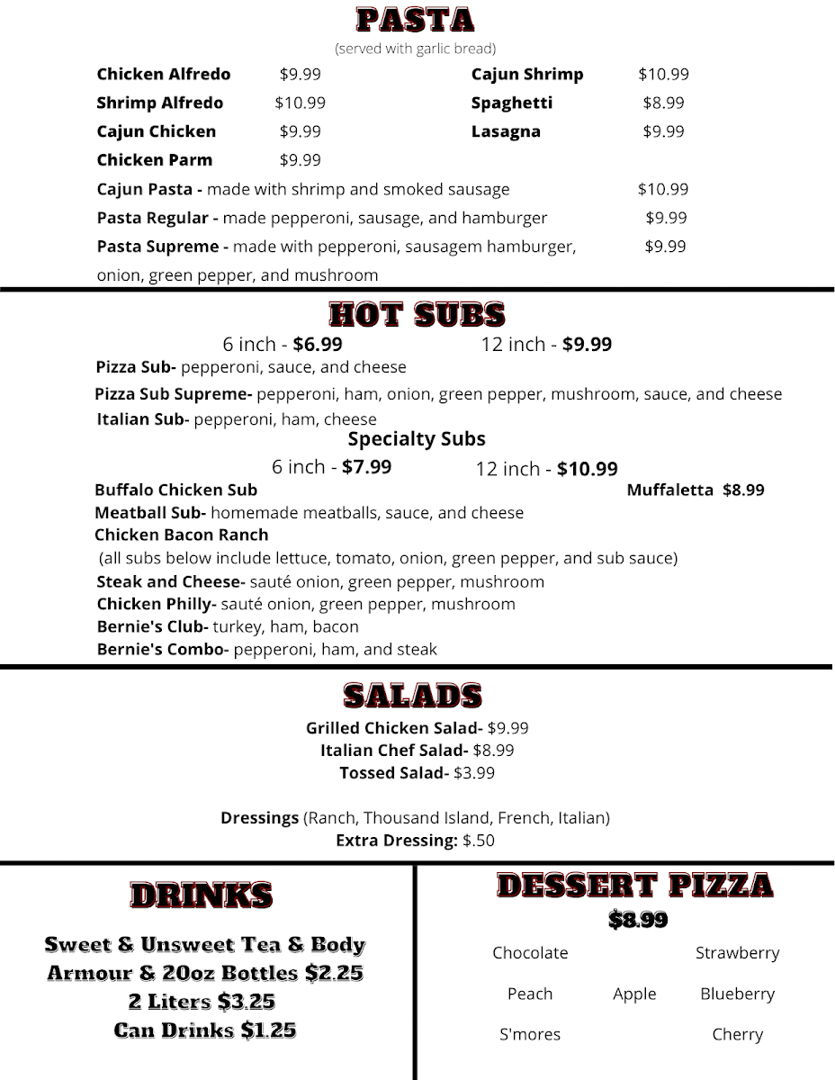 Bernie's Place menu board