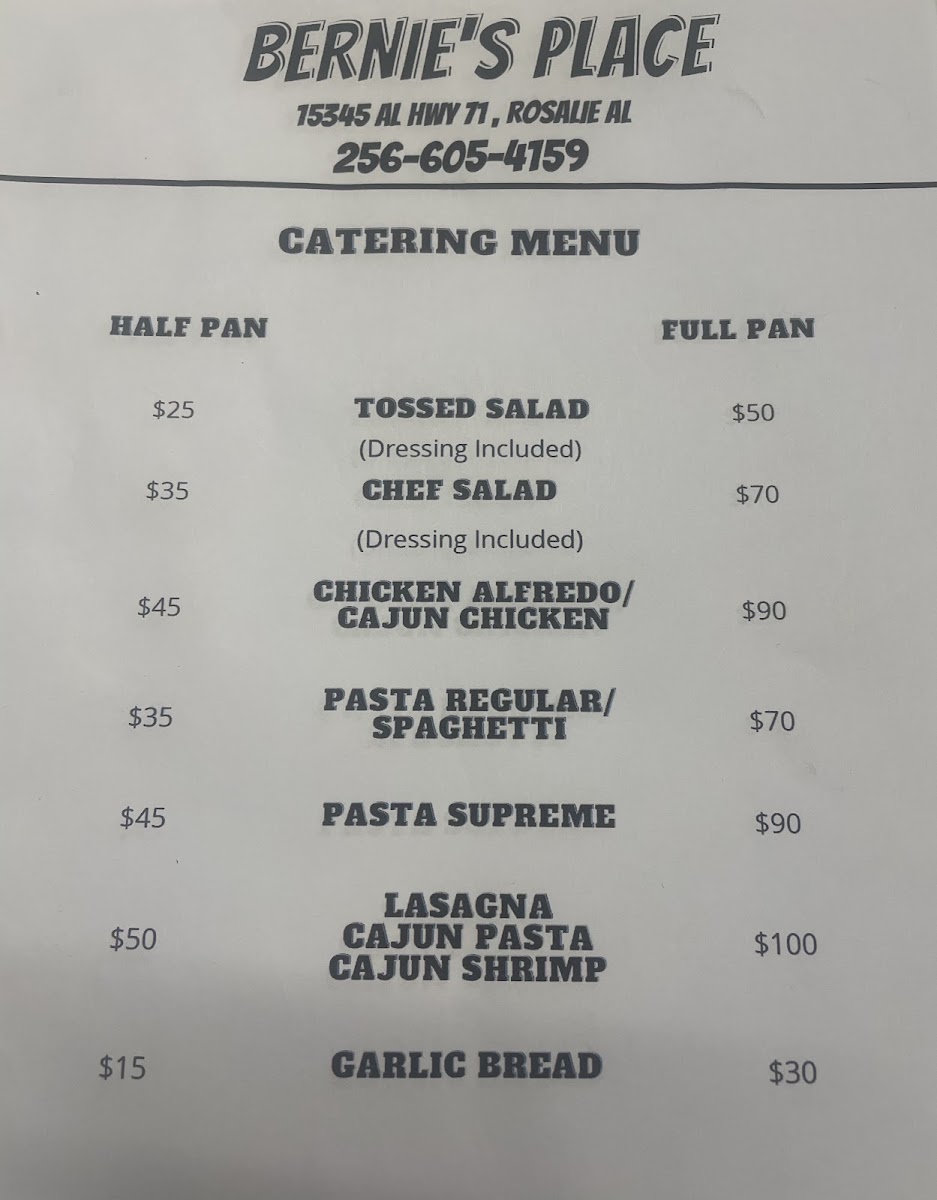 Bernie's Place menu board