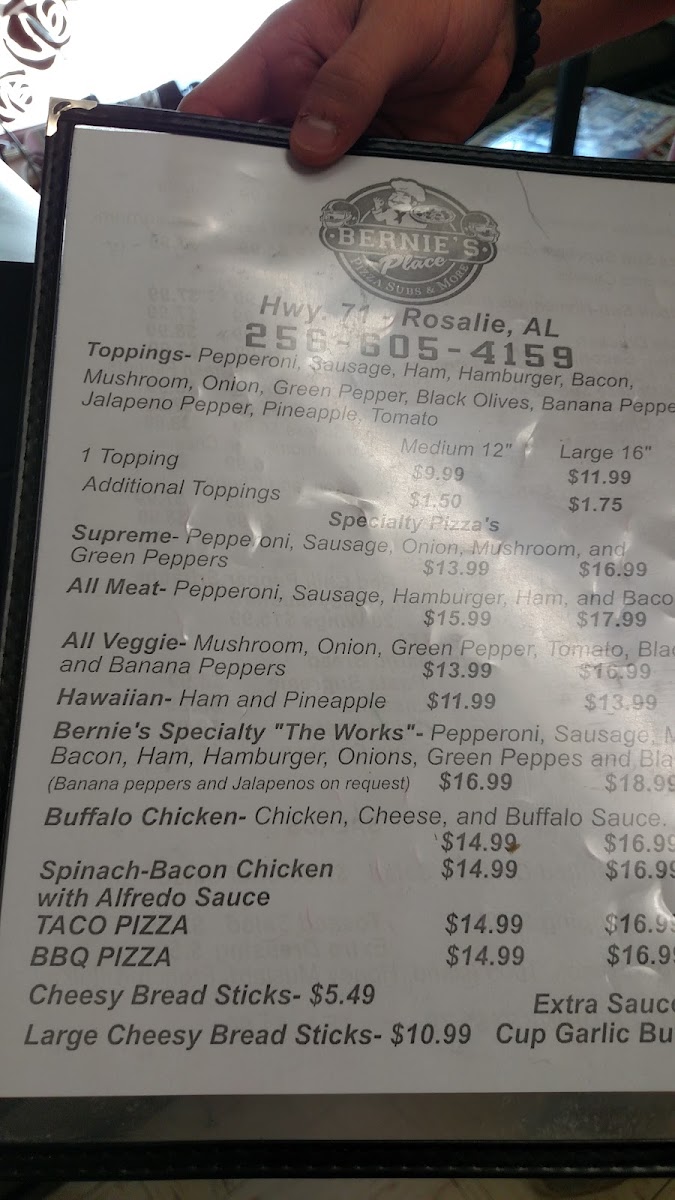 Bernie's Place menu board