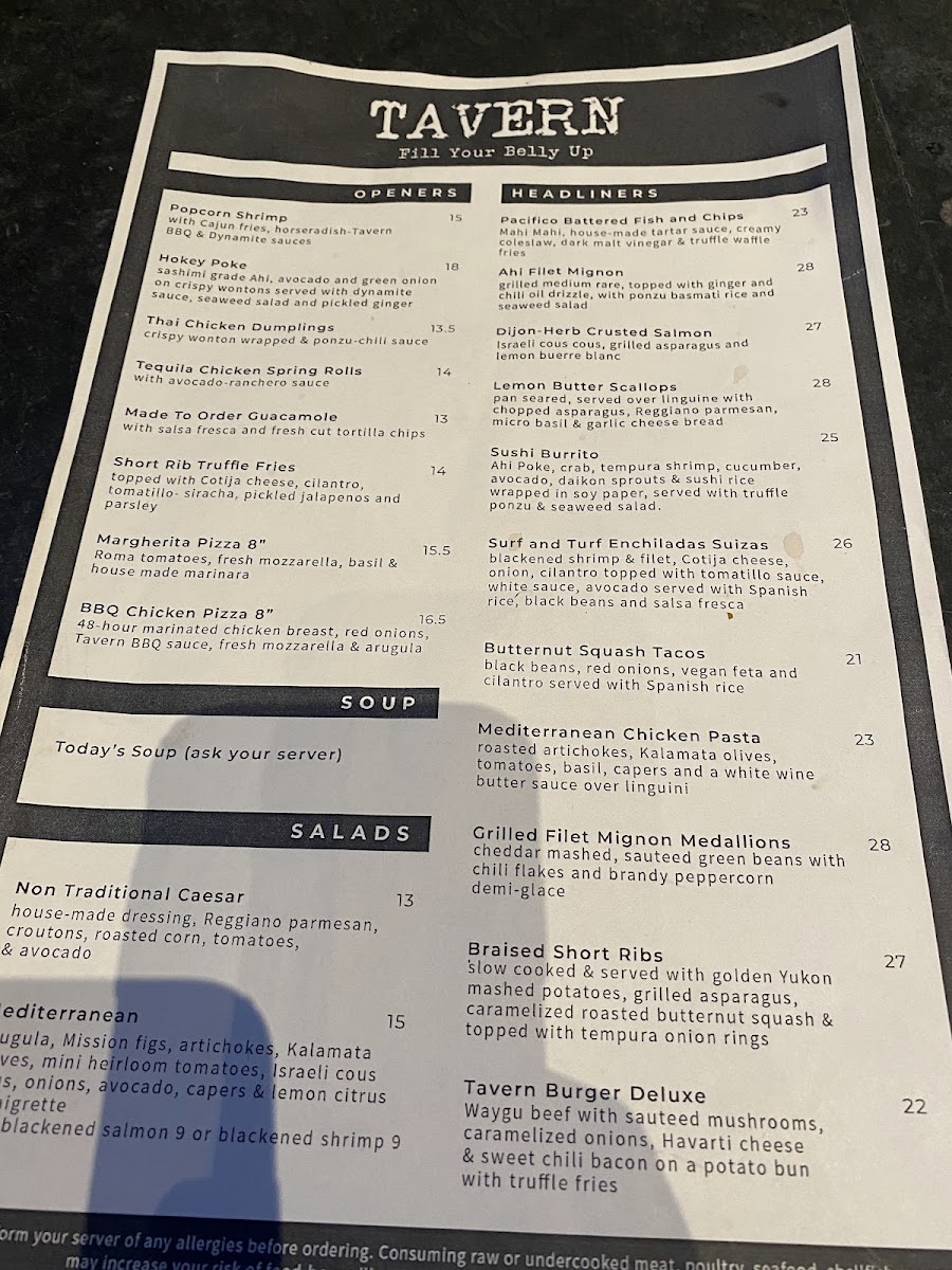 Tavern menu board