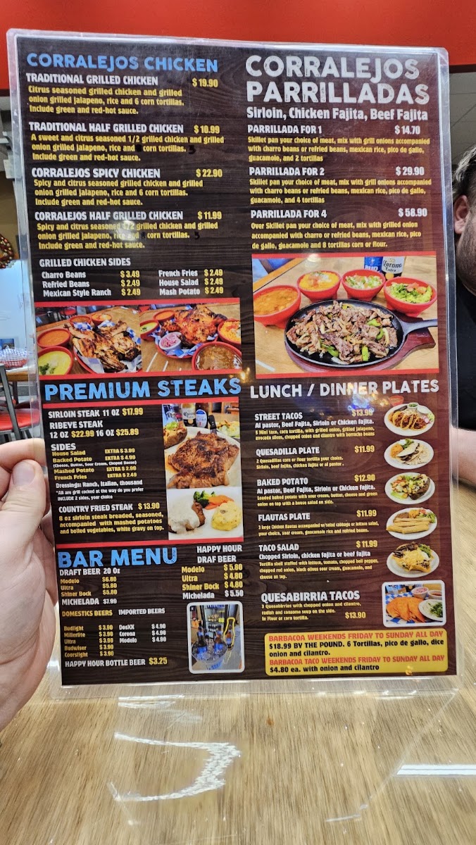 Corralejos Bar & Grill menu board