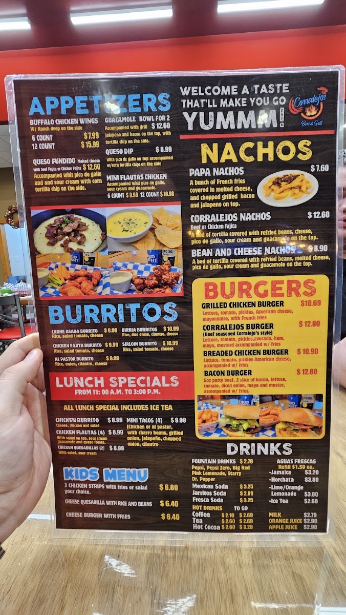 Corralejos Bar & Grill menu board